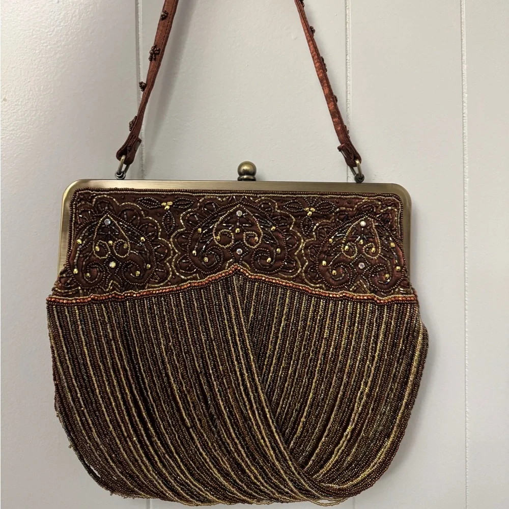 Y2K Bronze Beaded Fringe Clutch Purse Brown Formal Evening Bag Sequin Embroidery - Picture 2 of 7